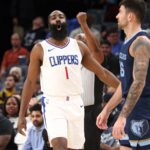 Los Angeles Clippers guard James Harden (1) reacts after a three point basket during the first half against the Memphis Grizzlies at FedExForum.