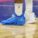 Mar 23, 2024; Orlando, Florida, USA; A detailed view of the shoes worn by Orlando Magic forward Paolo Banchero (5) during the game against the Sacramento Kings at KIA Center. Mandatory Credit: Mike Watters-USA TODAY Sports