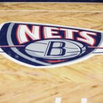 Nov 17, 2021; Brooklyn, New York, USA; The old Nets logo on the court prior to the game between the Cleveland Cavilers and the Brooklyn Nets at Barclays Center. Mandatory Credit: Wendell Cruz-USA TODAY Sports