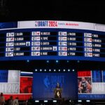 NBA commissioner Adam Silver speaks at the podium after the first round of the 2024 NBA Draft at Barclays Center.