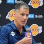 Jul 2, 2024; El Segundo, CA, USA; Los Angeles Lakers vice president of basketball operations and general manager Rob Pelinka at a press conference at the UCLA Health Training Center. Mandatory Credit: Kirby Lee-USA TODAY Sports