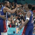 Kevin Durant and Anthony Edwards celebrate a play as Team USA teammates (Paris Olympics)