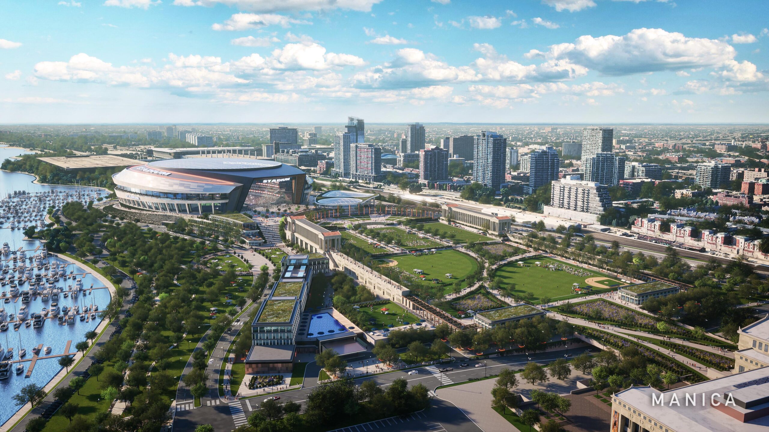 Renderings of a new state-of-the-art enclosed stadium with open space...