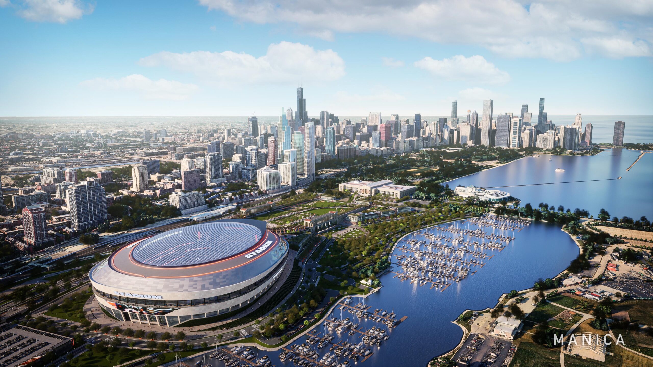 Renderings of a new state-of-the-art enclosed stadium with open space...