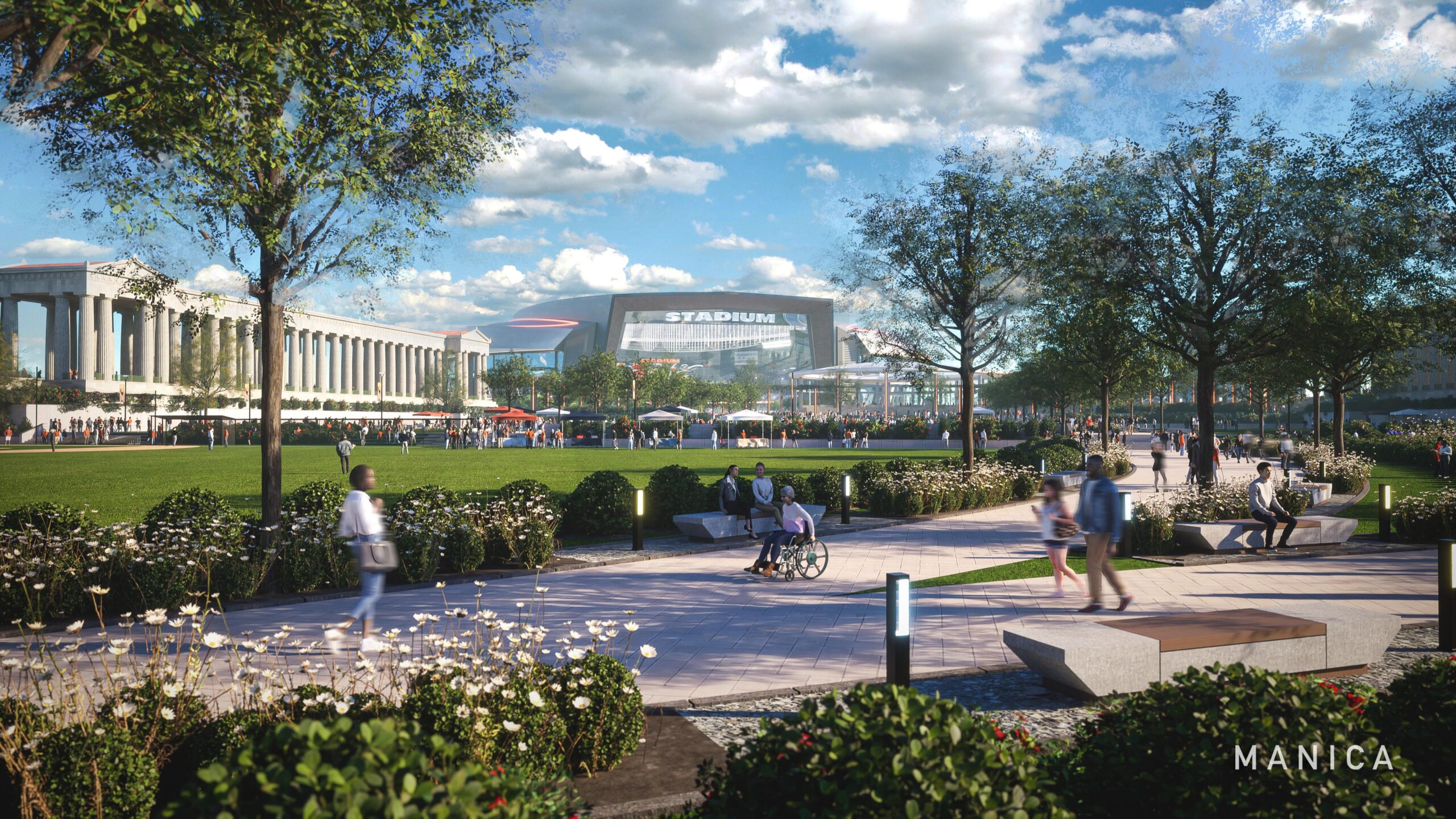 Renderings of a new state-of-the-art enclosed stadium with open space...