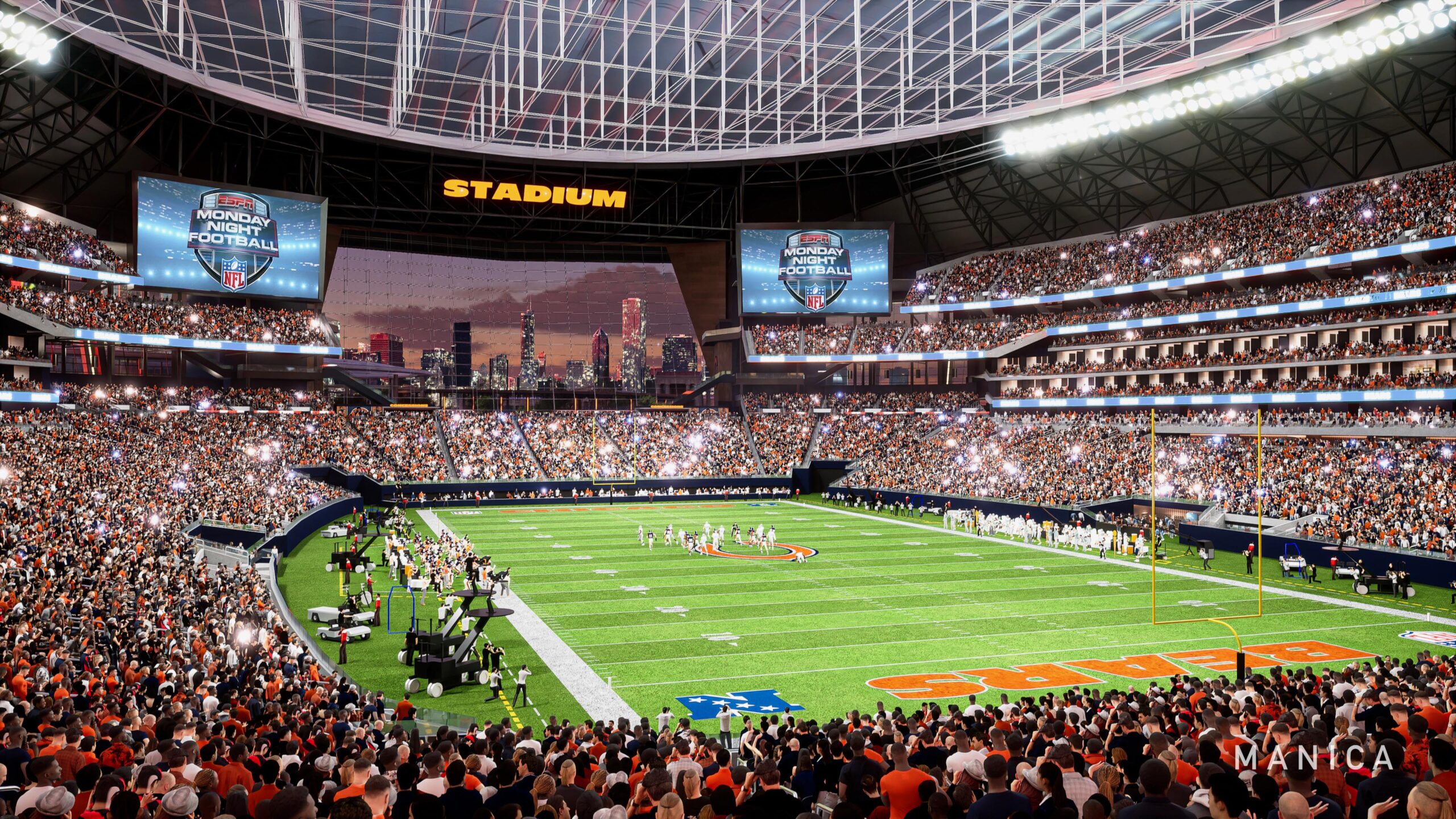 Renderings of a new state-of-the-art enclosed stadium with open space...