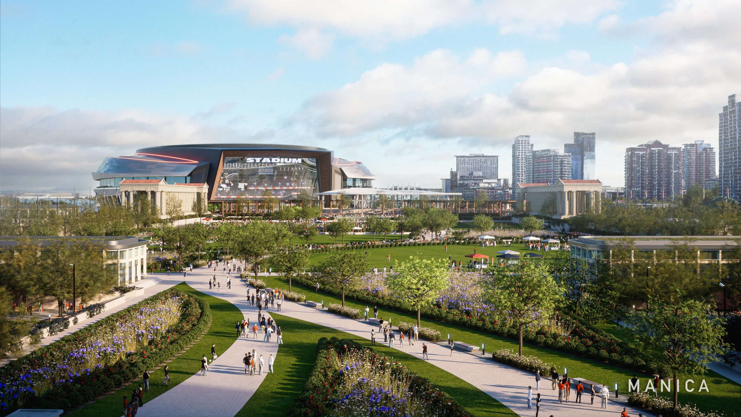 Renderings of a new state-of-the-art enclosed stadium with open space...