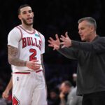 Nov 15, 2021; Los Angeles, California, USA; Chicago Bulls guard Lonzo Ball (2) and coach Billy Donovan react in the second half against the Los Angeles Lakers at Staples Center. The Bulls defeated the Lakers 121-103. Mandatory Credit: Kirby Lee-USA TODAY Sports