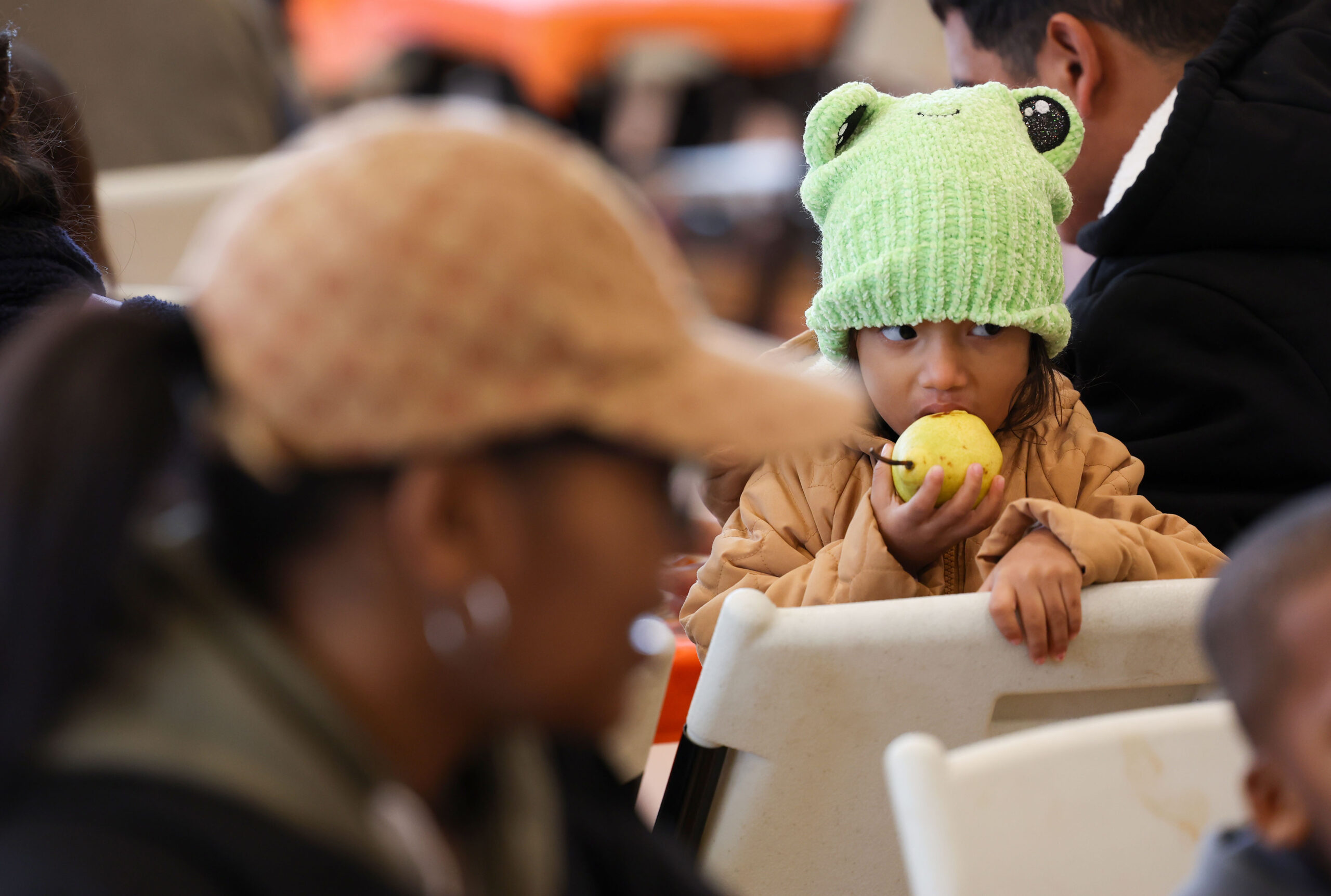 Katie Samaniego, 2, eats a pear while her family eats...