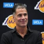 Sep 25, 2024; El Segundo, CA, USA; Los Angeles Lakers general manager Rob Pelinka at press conference at UCLA Health Training Center. Mandatory Credit: Kirby Lee-Imagn Images