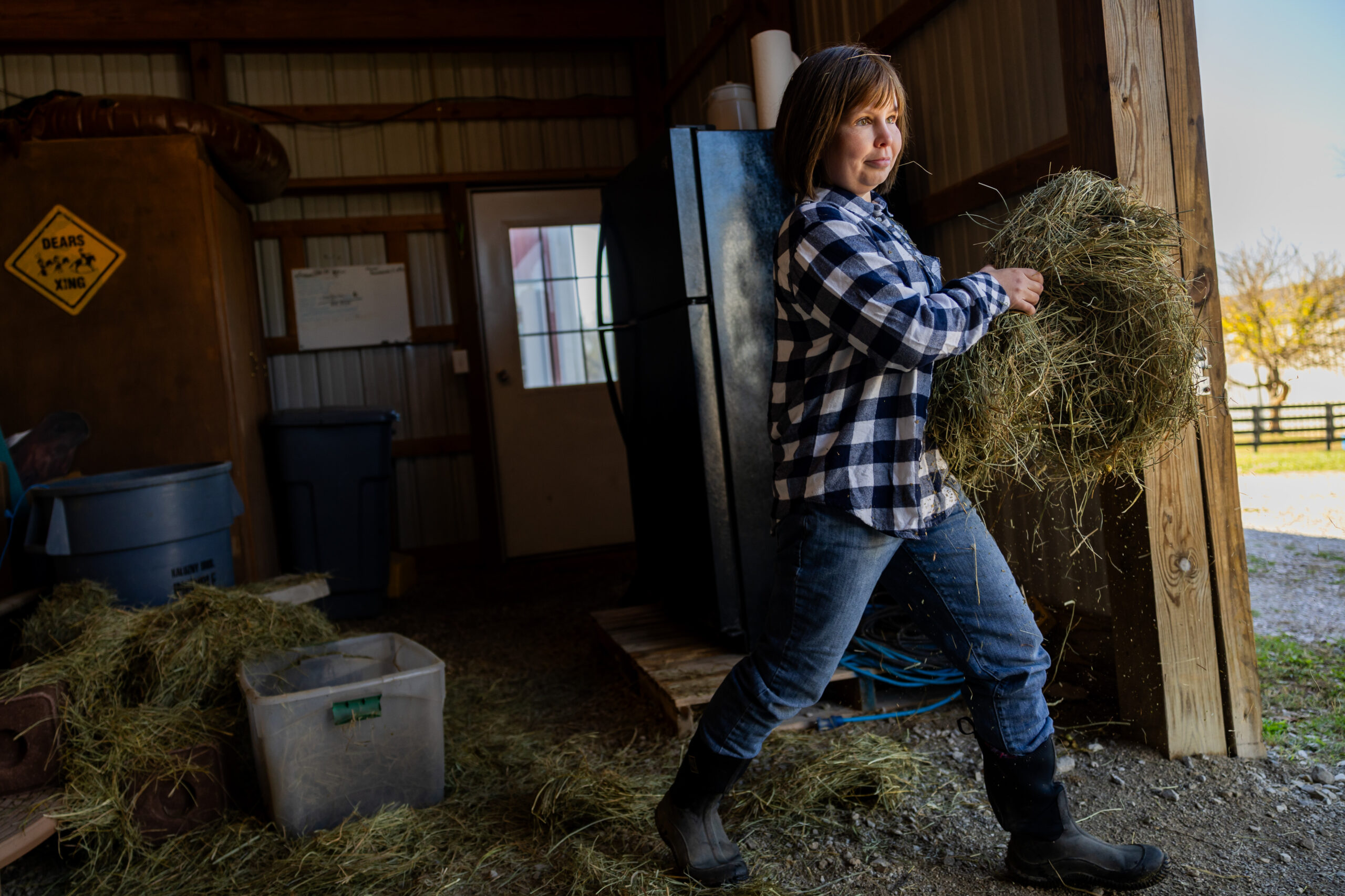 Sarah Sauer, 31, feeds hay to the animals in between...