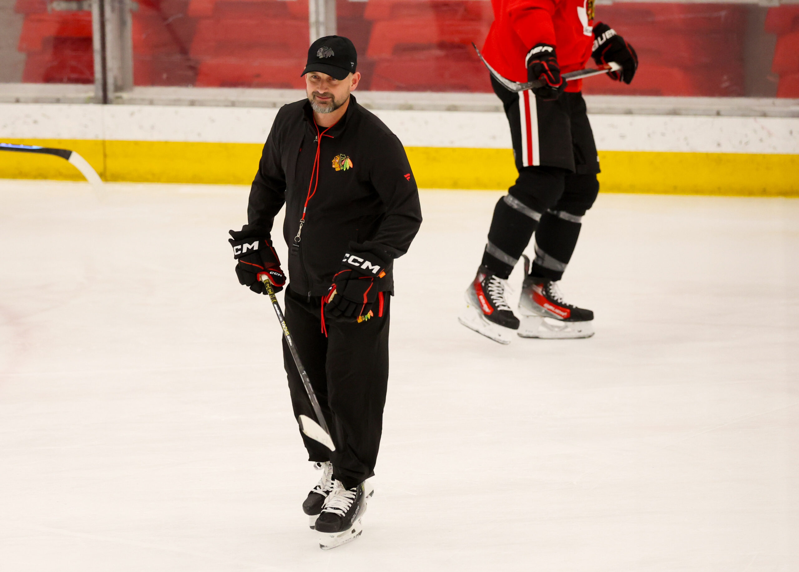 Blackhawks interim head coach Anders Sorensen runs his first practice...