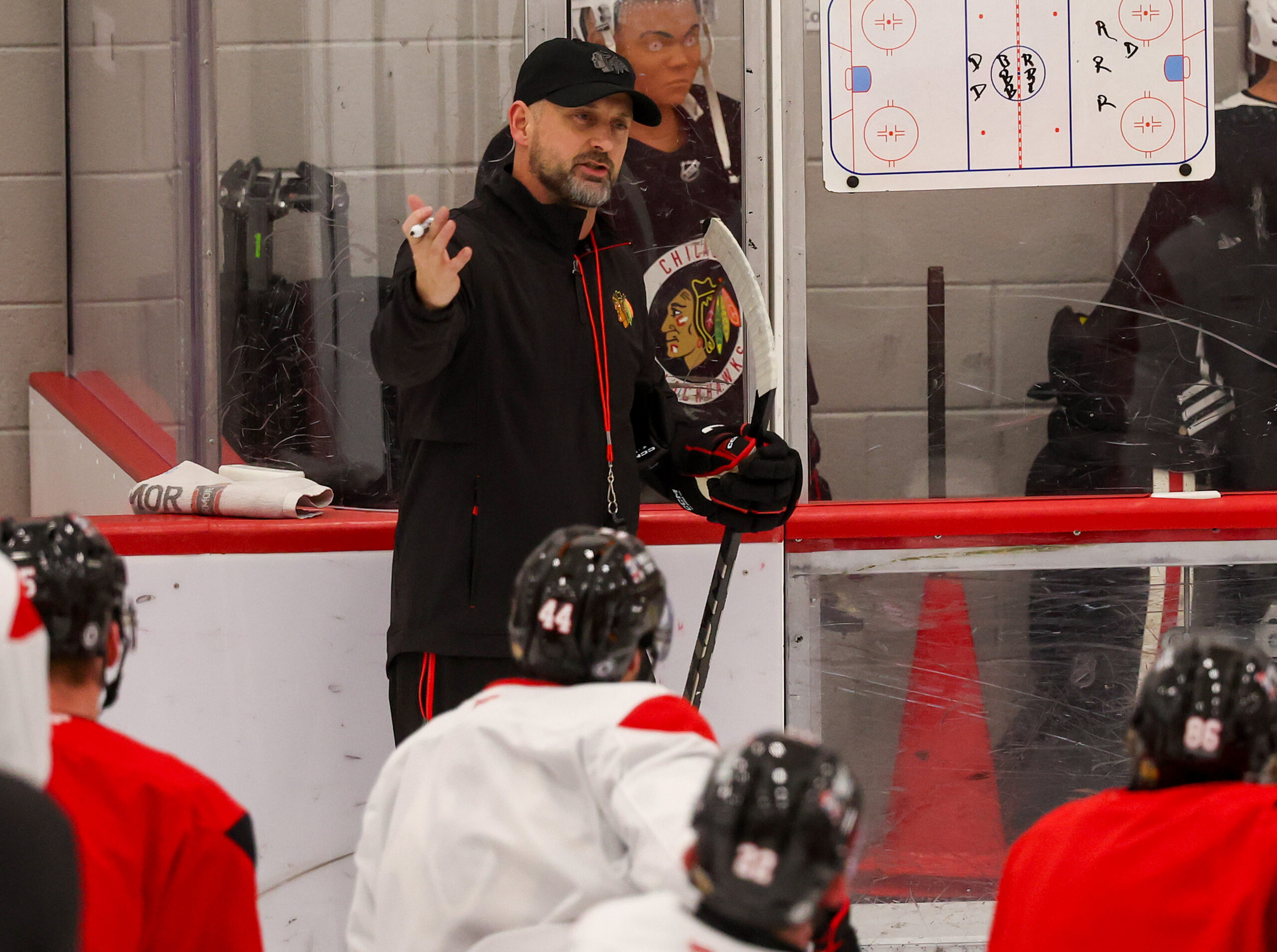 Blackhawks interim head coach Anders Sorensen runs his first practice...