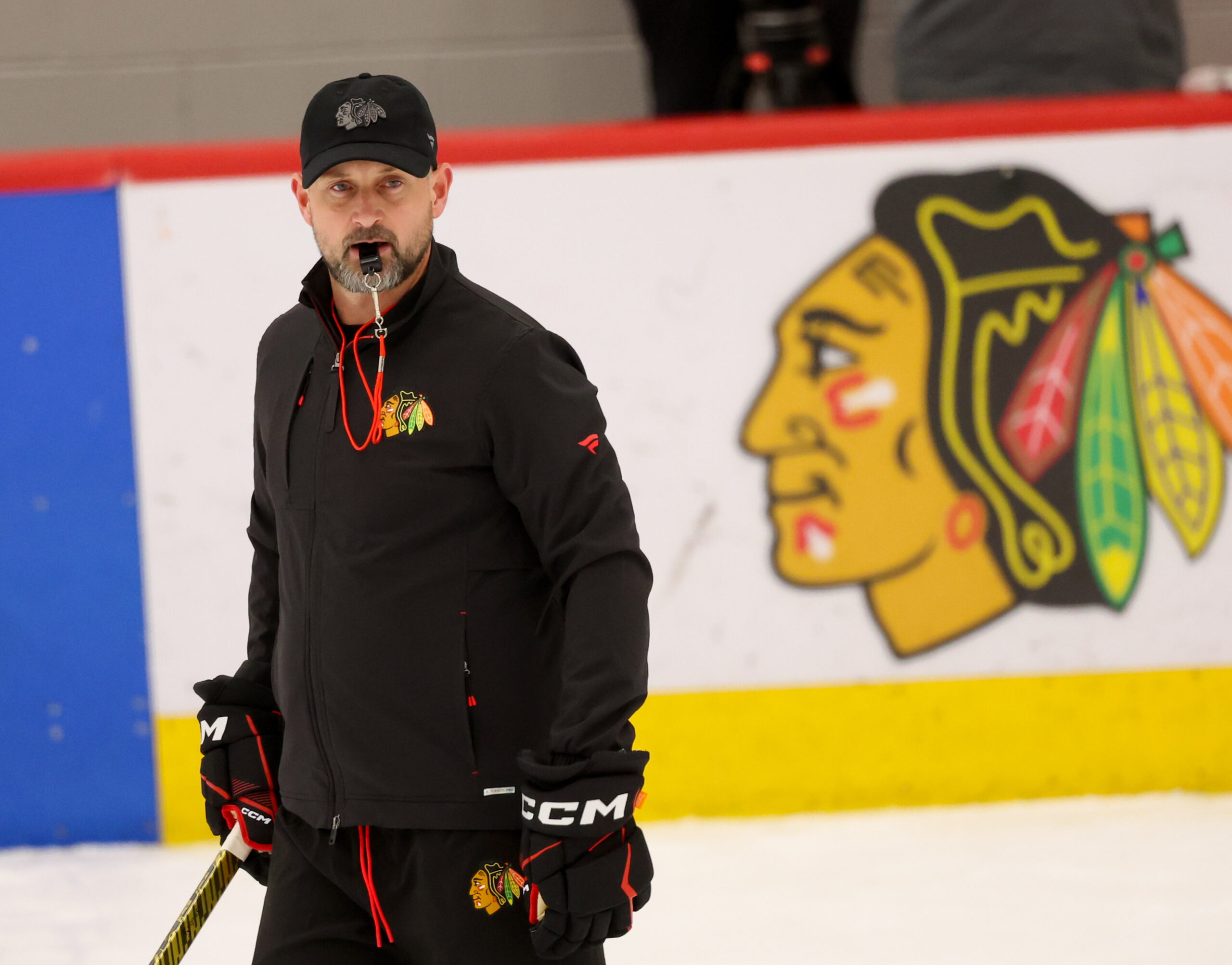 Blackhawks interim head coach Anders Sorensen runs his first practice...