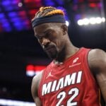 Miami Heat forward Jimmy Butler (22) walks off the court