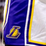 Detailed view of the Los Angeles Lakers logo on the shorts of forward LeBron James (23) against the New Orleans Pelicans during the second half at Smoothie King Center.