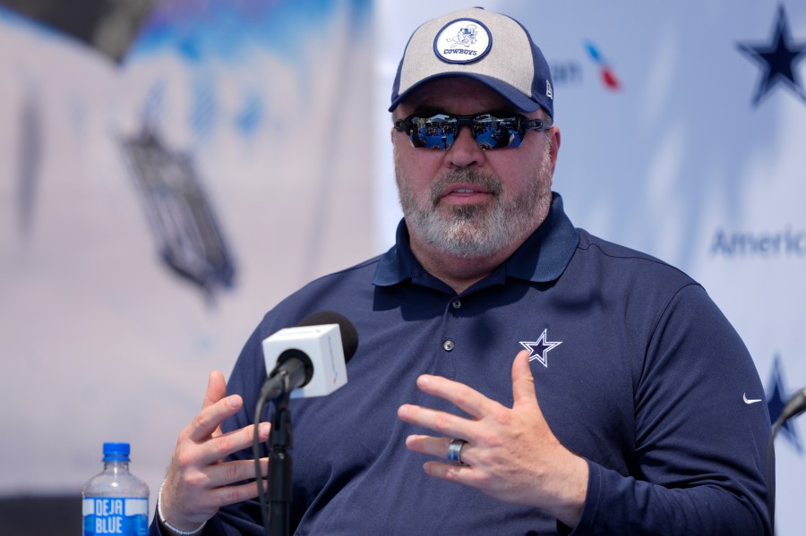 Dallas Cowboys head coach Mike McCarthy speaks during a news conference before an NFL football practice Thursday, July 25, 2024, in Oxnard, Calif. (AP Photo/Ryan Sun)