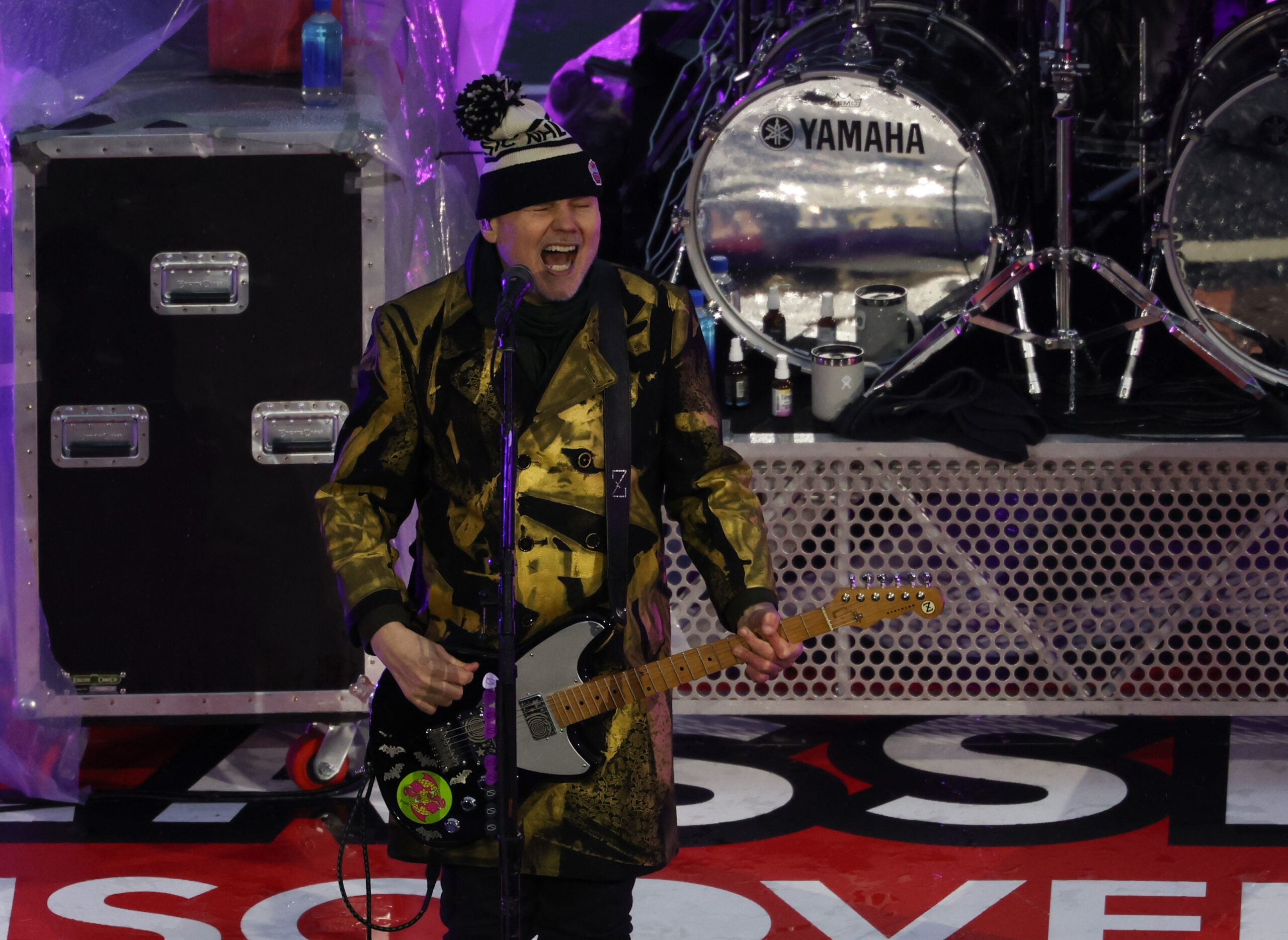 Billy Corgan of the Smashing Pumpkins performs before the NHL...