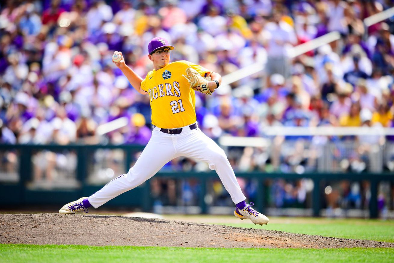 Bryce Collins pitching during a baseball game at Louisiana State University.