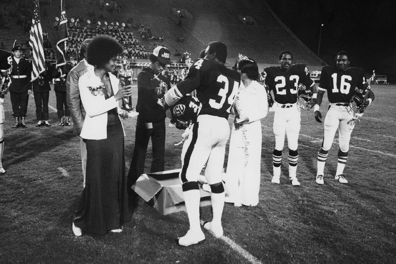 Jackson State University football players Walter Payton, Matthew Norman and Charles James