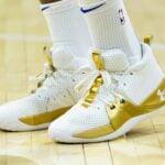 Apr 17, 2023; Philadelphia, Pennsylvania, USA; Sneakers of Philadelphia 76ers center Joel Embiid before action against the Brooklyn Nets in game two of the 2023 NBA playoffs at Wells Fargo Center. Mandatory Credit: Bill Streicher-USA TODAY Sports