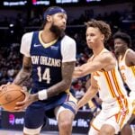 New Orleans Pelicans forward Brandon Ingram takes in the Atlanta Hawks defense