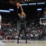 Jan 29, 2025; San Antonio, Texas, USA; San Antonio Spurs center Victor Wembanyama (1) shoots in the second half against the LA Clippers at Frost Bank Center.