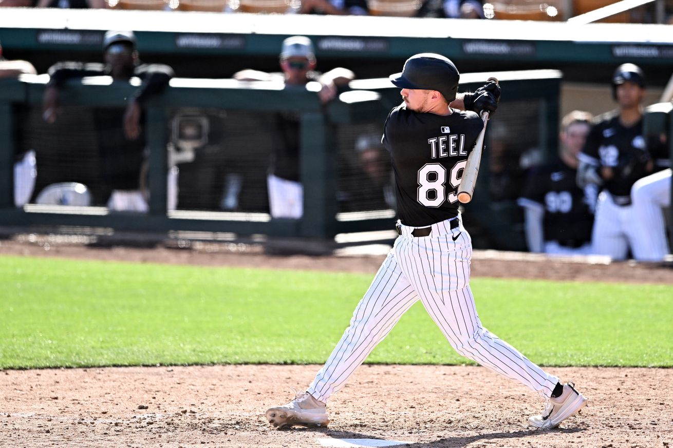 Kyle Teel swinging at home plate during Spring Training: Texas Rangers v Chicago White Sox