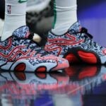 A view of the shoes worn by Boston Celtics forward Jayson Tatum (0), son of Illawarra Hawks head coach Justin Tatum (NBL)