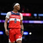 Washington Wizards guard Bilal Coulibaly (0) looks on during the second quarter against the Cleveland Cavaliers at Capital One Arena.