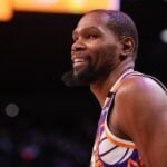 Feb 27, 2025; Phoenix, Arizona, USA; Phoenix Suns forward Kevin Durant (35) reacts to a fan against the New Orleans Pelicans in the fourth quarter at Footprint Center. Mandatory Credit: Brett Davis-Imagn Images