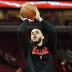 Feb 28, 2025; Chicago, Illinois, USA; Chicago Bulls forward Lonzo Ball (2) warms up prior to a game against the Toronto Raptors at the United Center. Mandatory Credit: Patrick Gorski-Imagn Images