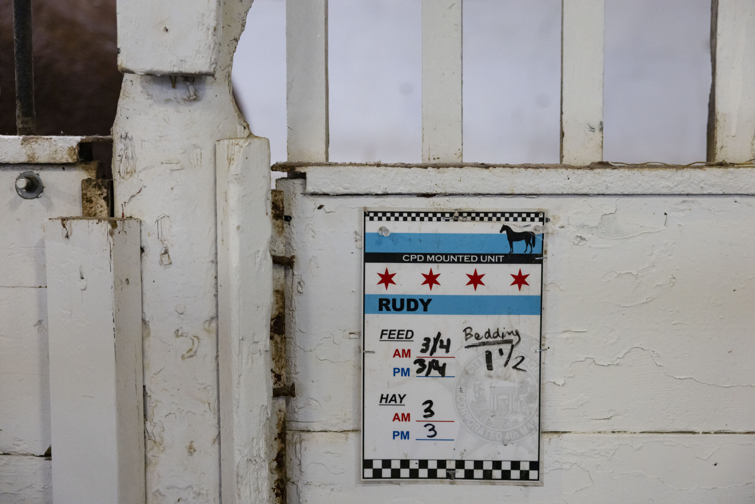 Each horse has a name tag with feeding instructions. (Brian...